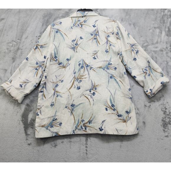 Vintage Joanna Sport Blazer Womens M Cream Blue Floral Flax Blend 3/4 Sleeve - Picture 2 of 7